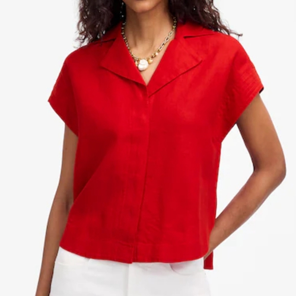 NWT Madewell Resort-Collar Shirt in 100% Linen Festival Red Size M Medium Button
